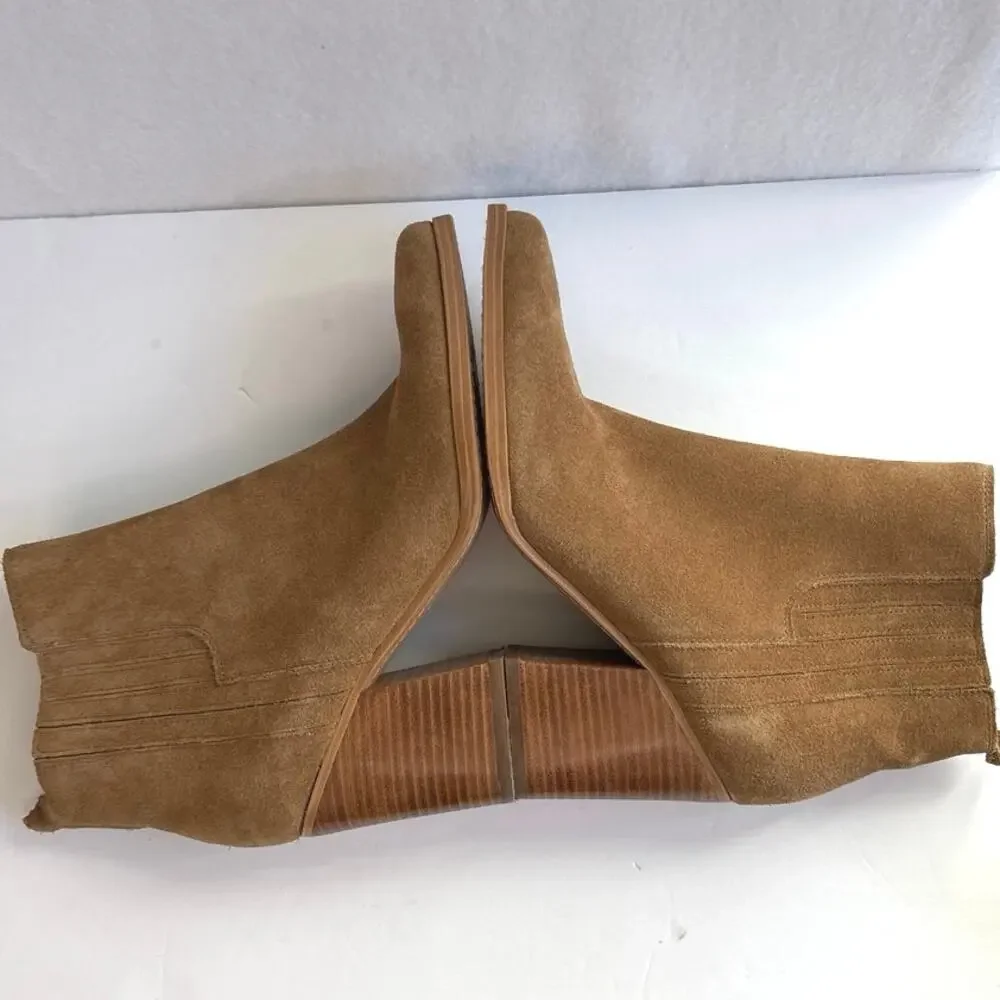 Marc Fisher Alva Camel Tan Suede Pointed Toe Block Heel Bootie Size 11